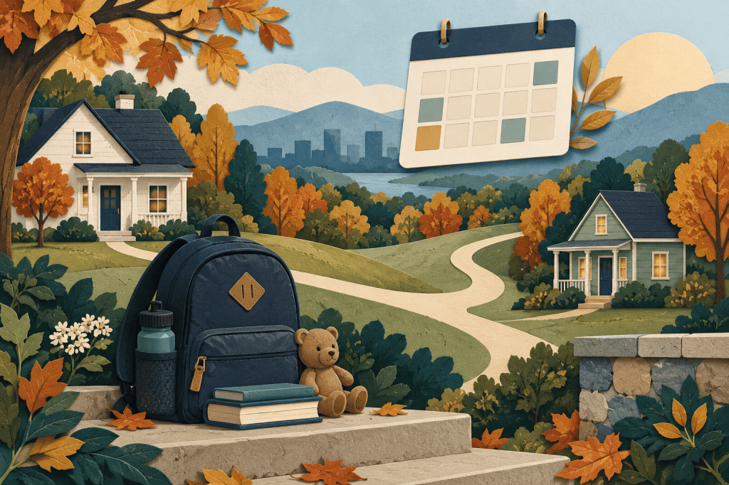 Two homes, a school backpack, and a calendar illustrate a stable school-year custody plan for North Carolina families.