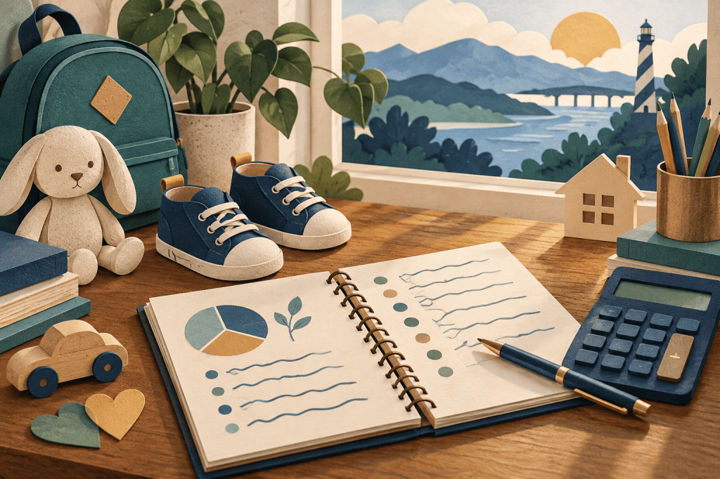 A family budget notebook, school supplies, and children’s shoes illustrate North Carolina child support planning.