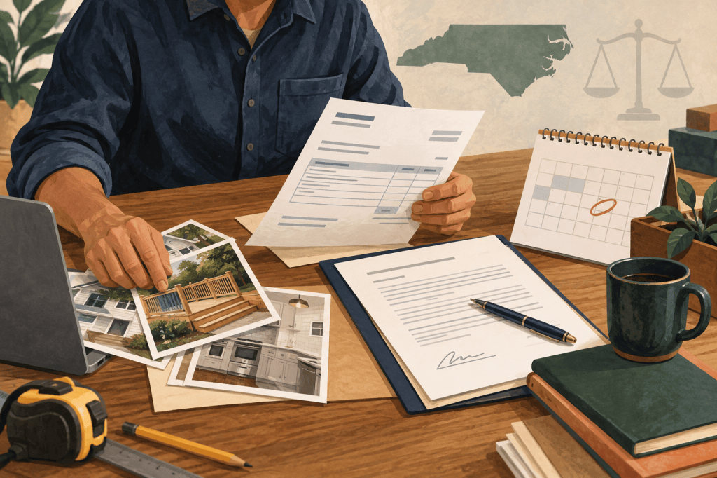 Editorial illustration of a business owner organizing an invoice, contract and completed-work records.
